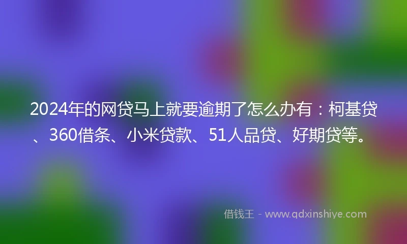 2024年的网贷马上就要逾期了怎么办有：柯基贷、360借条、小米贷款、51人品贷、好期贷等。