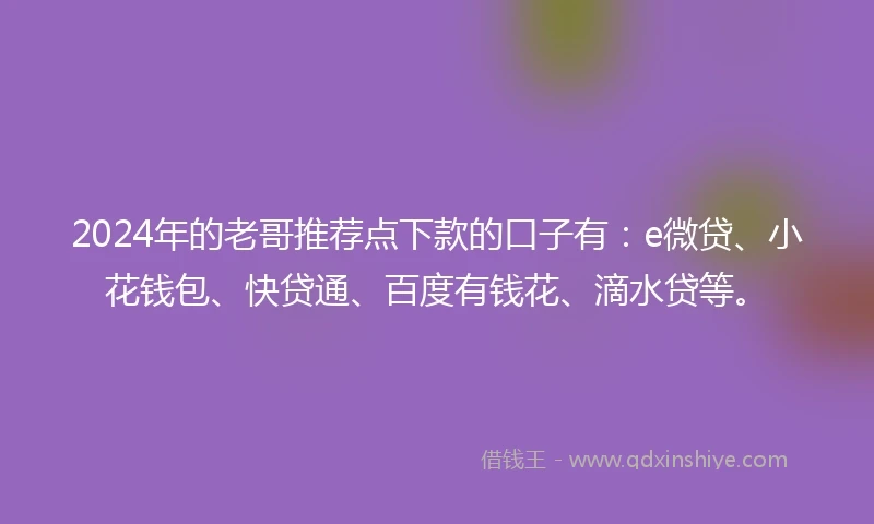 2024年的老哥推荐点下款的口子有：e微贷、小花钱包、快贷通、百度有钱花、滴水贷等。