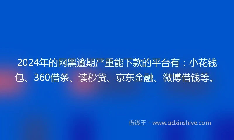 2024年的网黑逾期严重能下款的平台有：小花钱包、360借条、读秒贷、京东金融、微博借钱等。