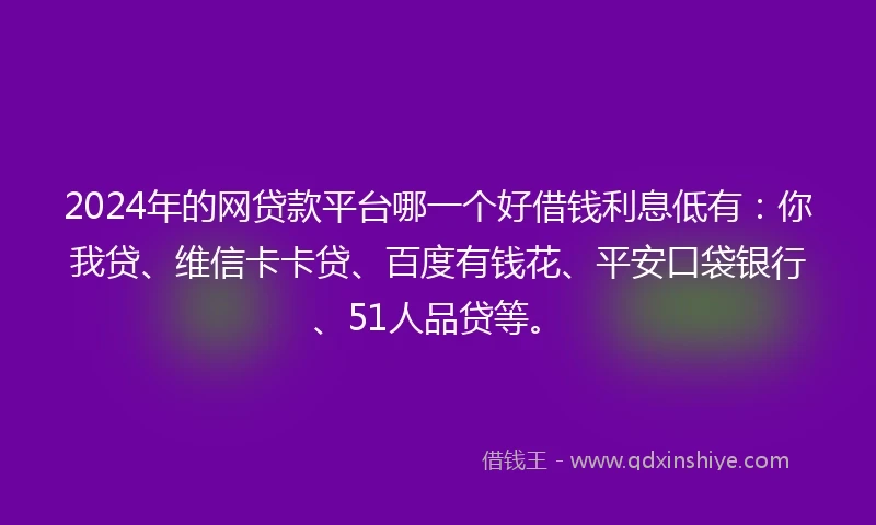 2024年的网贷款平台哪一个好借钱利息低有：你我贷、维信卡卡贷、百度有钱花、平安口袋银行、51人品贷等。