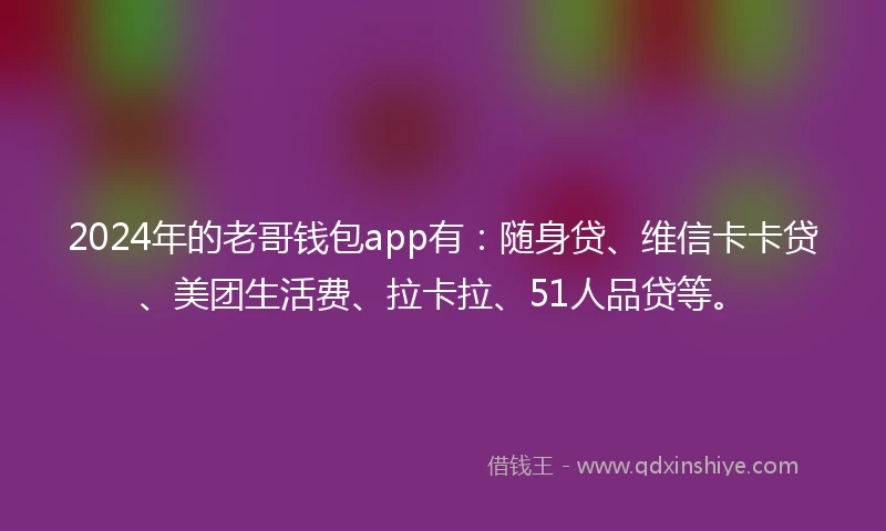 2024年的老哥钱包app有：随身贷、维信卡卡贷、美团生活费、拉卡拉、51人品贷等。