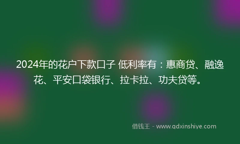 2024年的花户下款口子 低利率有：惠商贷、融逸花、平安口袋银行、拉卡拉、功夫贷等。
