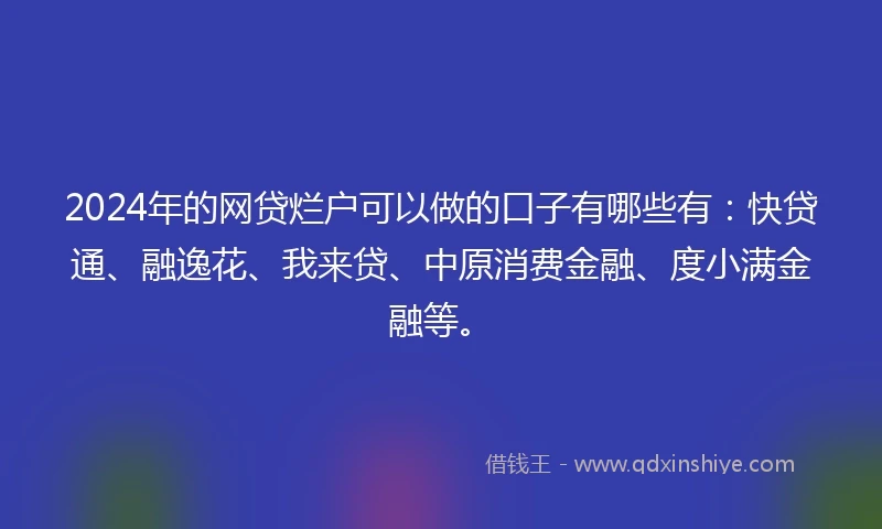 2024年的网贷烂户可以做的口子有哪些有:快贷通、融逸花、我来贷、中原消费金融、度小满金融等。
