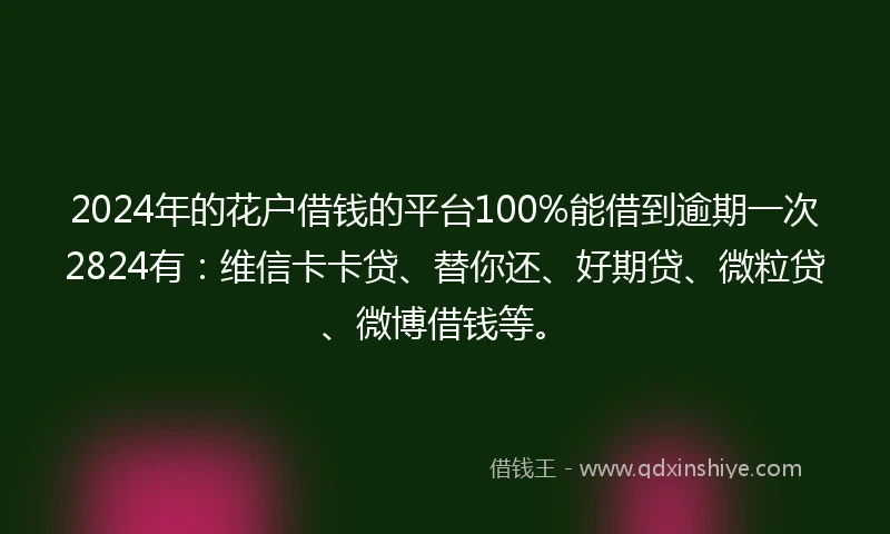 2024年的花户借钱的平台100%能借到逾期一次2824有：维信卡卡贷、替你还、好期贷、微粒贷、微博借钱等。