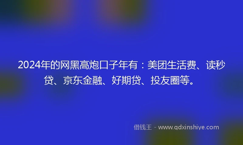 2024年的网黑高炮口子年有：美团生活费、读秒贷、京东金融、好期贷、投友圈等。