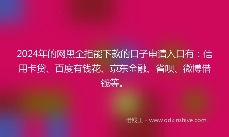 2024年的网黑全拒能下款的口子申请入口有：信用卡贷、百度有钱花、京东金融、省呗、微博借钱等。