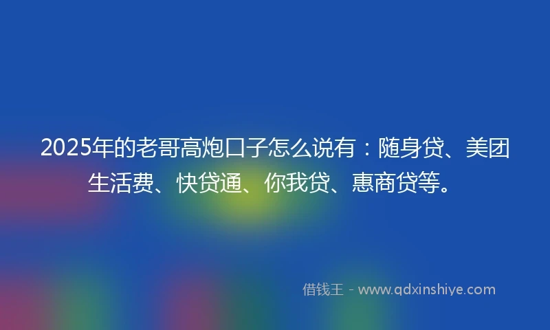 2025年的老哥高炮口子怎么说有：随身贷、美团生活费、快贷通、你我贷、惠商贷等。