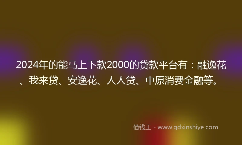 2024年的能马上下款2000的贷款平台有：融逸花、我来贷、安逸花、人人贷、中原消费金融等。