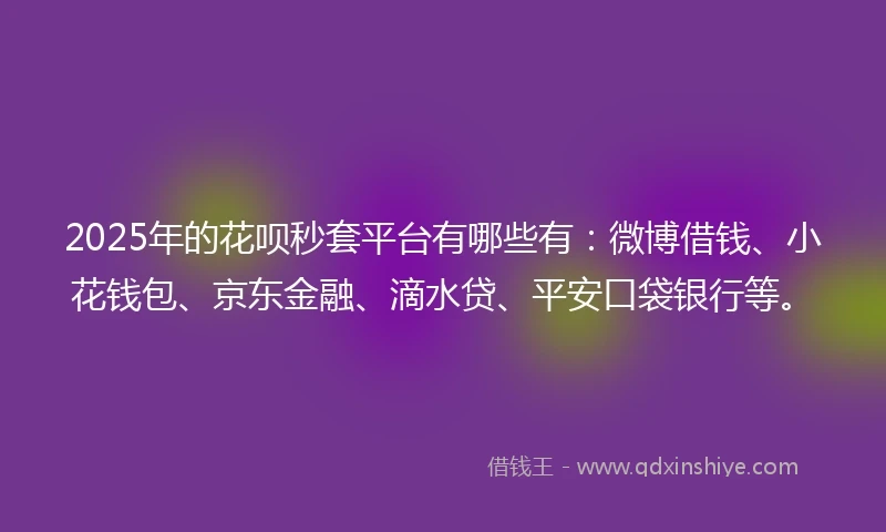 2025年的花呗秒套平台有哪些有：微博借钱、小花钱包、京东金融、滴水贷、平安口袋银行等。