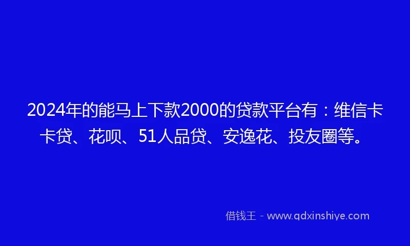 2024年的能马上下款2000的贷款平台有：维信卡卡贷、花呗、51人品贷、安逸花、投友圈等。
