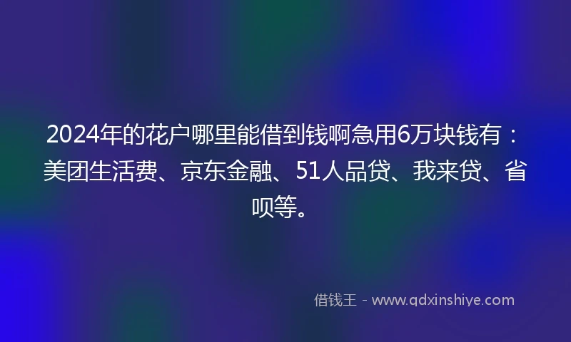 2024年的花户哪里能借到钱啊急用6万块钱有：美团生活费、京东金融、51人品贷、我来贷、省呗等。