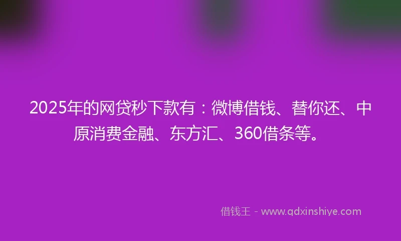 2025年的网贷秒下款有：微博借钱、替你还、中原消费金融、东方汇、360借条等。