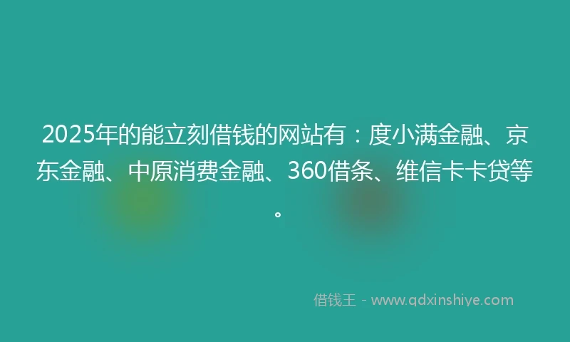 2025年的能立刻借钱的网站有：度小满金融、京东金融、中原消费金融、360借条、维信卡卡贷等。