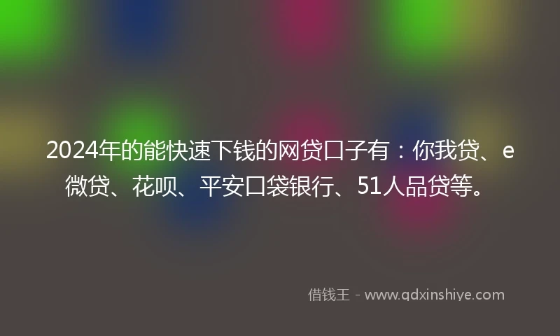 2024年的能快速下钱的网贷口子有：你我贷、e微贷、花呗、平安口袋银行、51人品贷等。