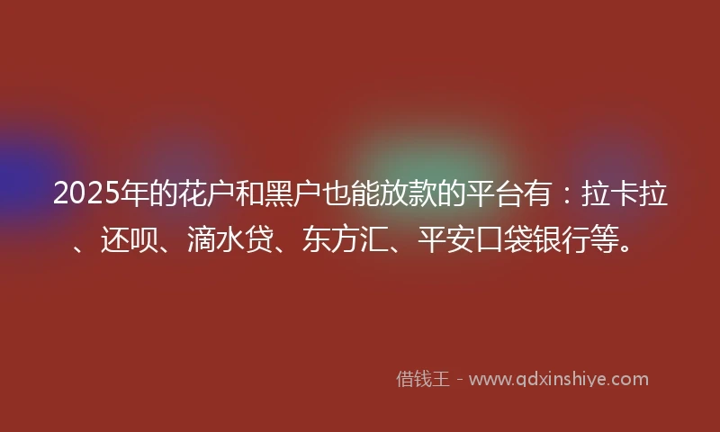 2025年的花户和黑户也能放款的平台有：拉卡拉、还呗、滴水贷、东方汇、平安口袋银行等。