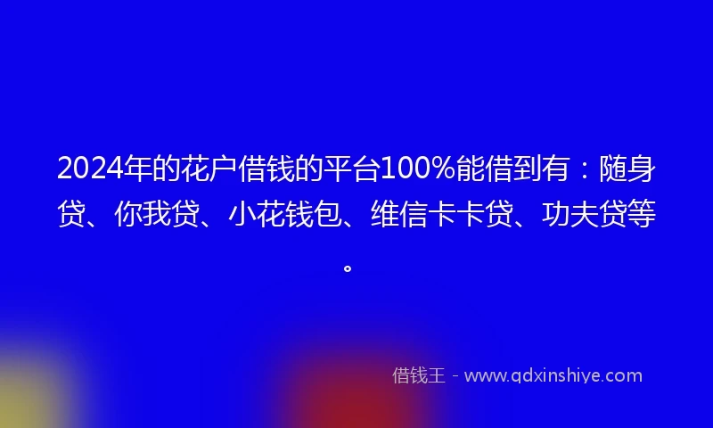 2024年的花户借钱的平台100%能借到有：随身贷、你我贷、小花钱包、维信卡卡贷、功夫贷等。
