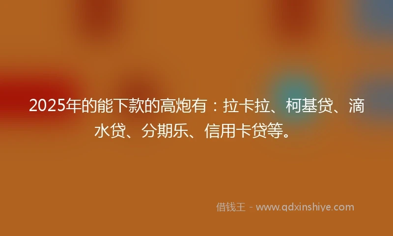 2025年的能下款的高炮有：拉卡拉、柯基贷、滴水贷、分期乐、信用卡贷等。