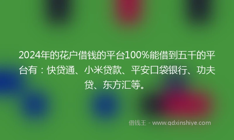 2024年的花户借钱的平台100%能借到五千的平台有：快贷通、小米贷款、平安口袋银行、功夫贷、东方汇等。