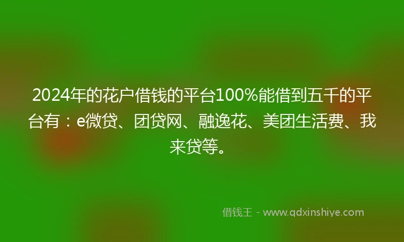2024年的花户借钱的平台100%能借到五千的平台有：e微贷、团贷网、融逸花、美团生活费、我来贷等。