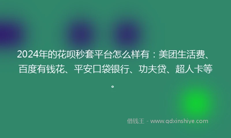 2024年的花呗秒套平台怎么样有：美团生活费、百度有钱花、平安口袋银行、功夫贷、超人卡等。