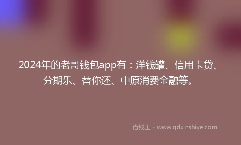 2024年的老哥钱包app有：洋钱罐、信用卡贷、分期乐、替你还、中原消费金融等。