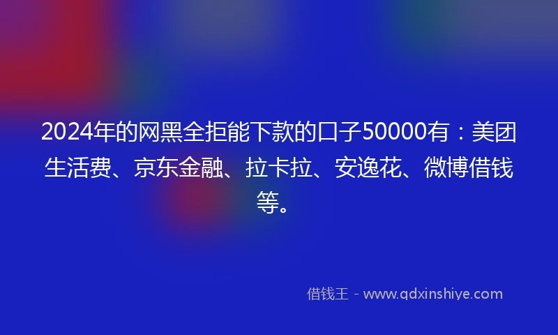 2024年的网黑全拒能下款的口子50000有：美团生活费、京东金融、拉卡拉、安逸花、微博借钱等。