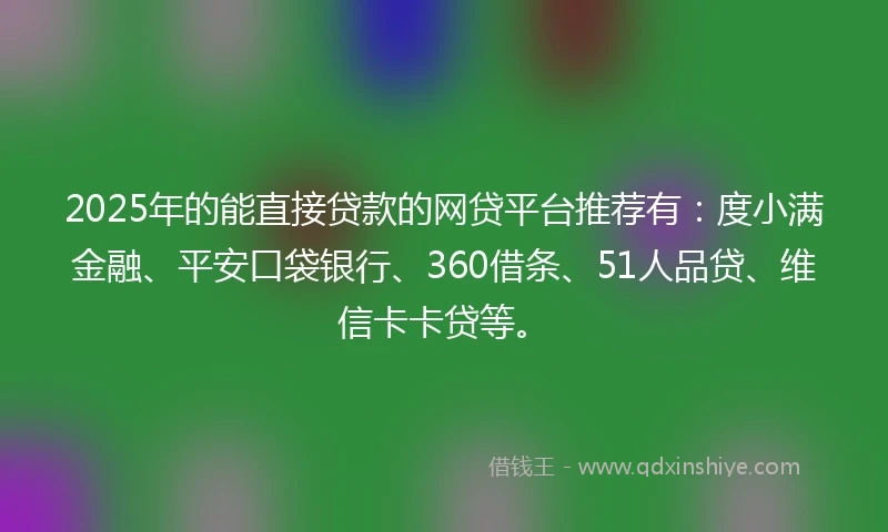 2025年的能直接贷款的网贷平台推荐有：度小满金融、平安口袋银行、360借条、51人品贷、维信卡卡贷等。