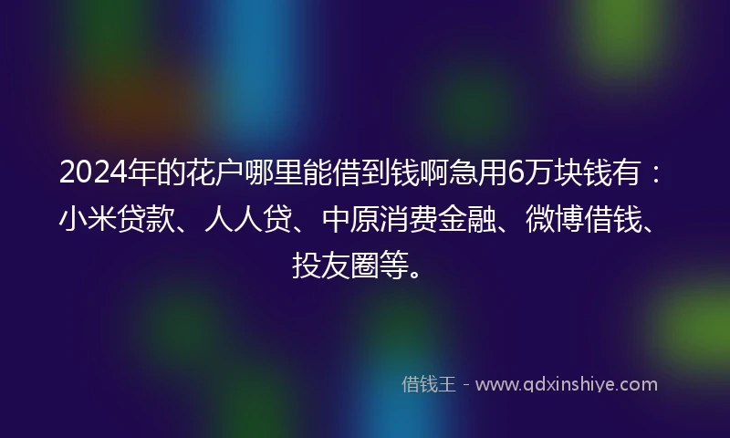2024年的花户哪里能借到钱啊急用6万块钱有：小米贷款、人人贷、中原消费金融、微博借钱、投友圈等。