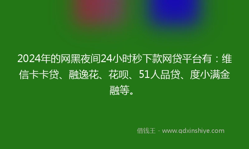 2024年的网黑夜间24小时秒下款网贷平台有：维信卡卡贷、融逸花、花呗、51人品贷、度小满金融等。
