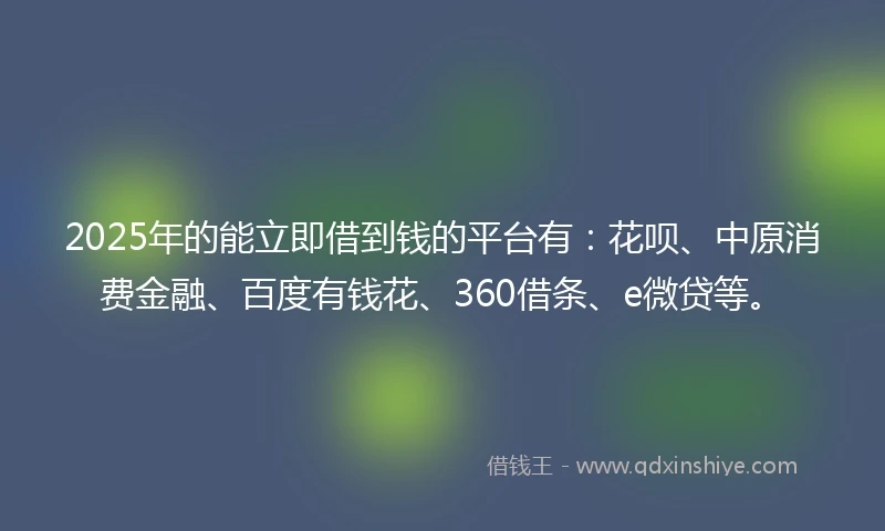 2025年的能立即借到钱的平台有：花呗、中原消费金融、百度有钱花、360借条、e微贷等。