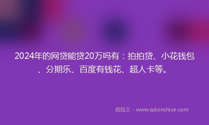 2024年的网贷能贷20万吗有：拍拍贷、小花钱包、分期乐、百度有钱花、超人卡等。