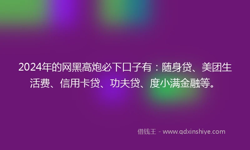 2024年的网黑高炮必下口子有：随身贷、美团生活费、信用卡贷、功夫贷、度小满金融等。