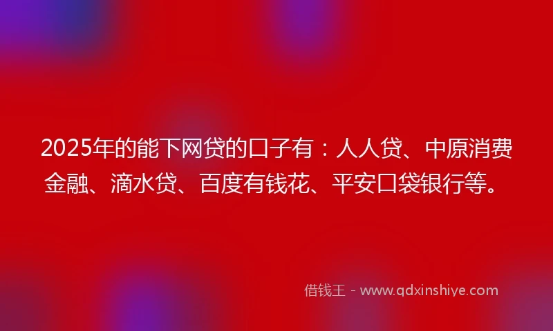 2025年的能下网贷的口子有：人人贷、中原消费金融、滴水贷、百度有钱花、平安口袋银行等。