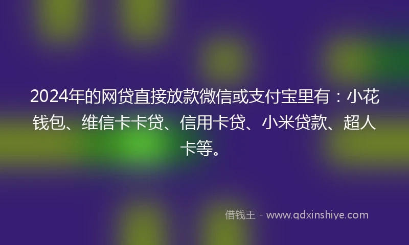 2024年的网贷直接放款微信或支付宝里有：小花钱包、维信卡卡贷、信用卡贷、小米贷款、超人卡等。