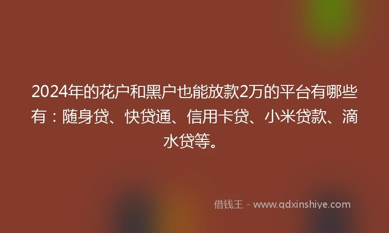 2024年的花户和黑户也能放款2万的平台有哪些有：随身贷、快贷通、信用卡贷、小米贷款、滴水贷等。