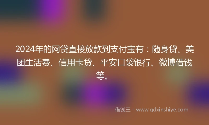 2024年的网贷直接放款到支付宝有：随身贷、美团生活费、信用卡贷、平安口袋银行、微博借钱等。