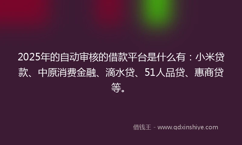 2025年的自动审核的借款平台是什么有：小米贷款、中原消费金融、滴水贷、51人品贷、惠商贷等。