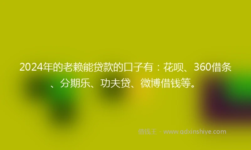 2024年的老赖能贷款的口子有：花呗、360借条、分期乐、功夫贷、微博借钱等。