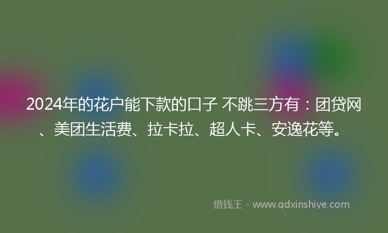 2024年的花户能下款的口子 不跳三方有：团贷网、美团生活费、拉卡拉、超人卡、安逸花等。