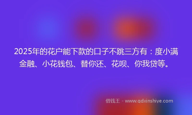 2025年的花户能下款的口子不跳三方有：度小满金融、小花钱包、替你还、花呗、你我贷等。