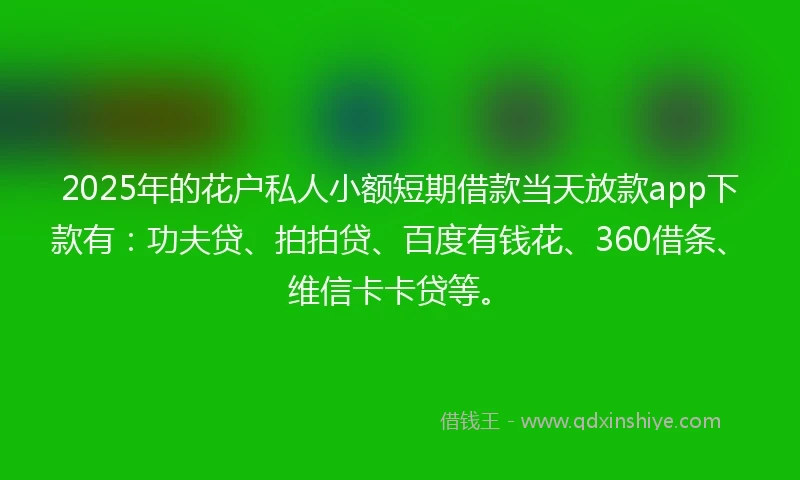 2025年的花户私人小额短期借款当天放款app下款有：功夫贷、拍拍贷、百度有钱花、360借条、维信卡卡贷等。