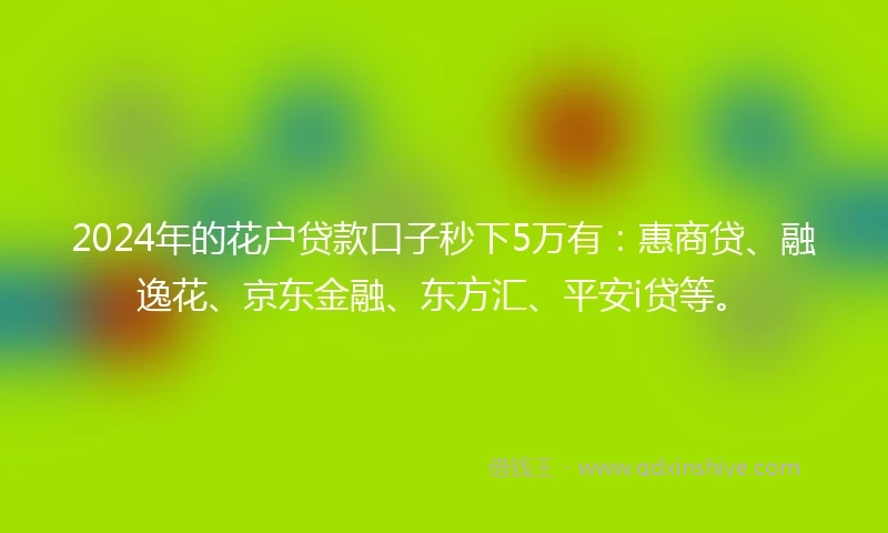 2024年的花户贷款口子秒下5万有：惠商贷、融逸花、京东金融、东方汇、平安i贷等。