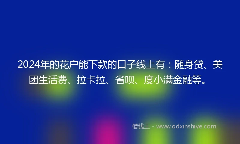 2024年的花户能下款的口子线上有：随身贷、美团生活费、拉卡拉、省呗、度小满金融等。
