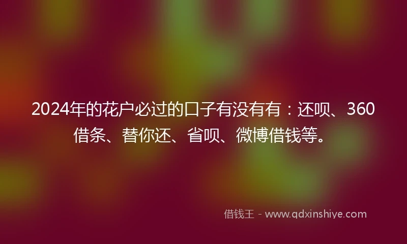 2024年的花户必过的口子有没有有：还呗、360借条、替你还、省呗、微博借钱等。