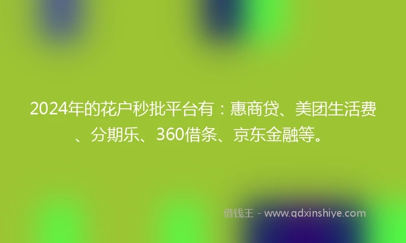 2024年的花户秒批平台有：惠商贷、美团生活费、分期乐、360借条、京东金融等。