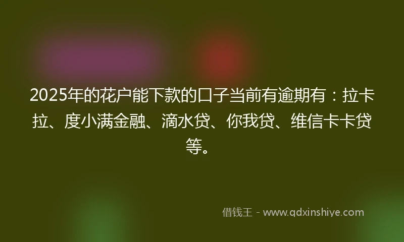 2025年的花户能下款的口子当前有逾期有：拉卡拉、度小满金融、滴水贷、你我贷、维信卡卡贷等。