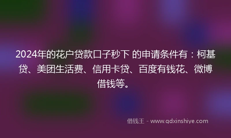2024年的花户贷款口子秒下 的申请条件有：柯基贷、美团生活费、信用卡贷、百度有钱花、微博借钱等。