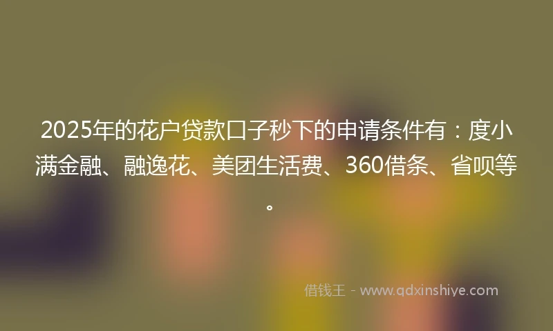 2025年的花户贷款口子秒下的申请条件有：度小满金融、融逸花、美团生活费、360借条、省呗等。