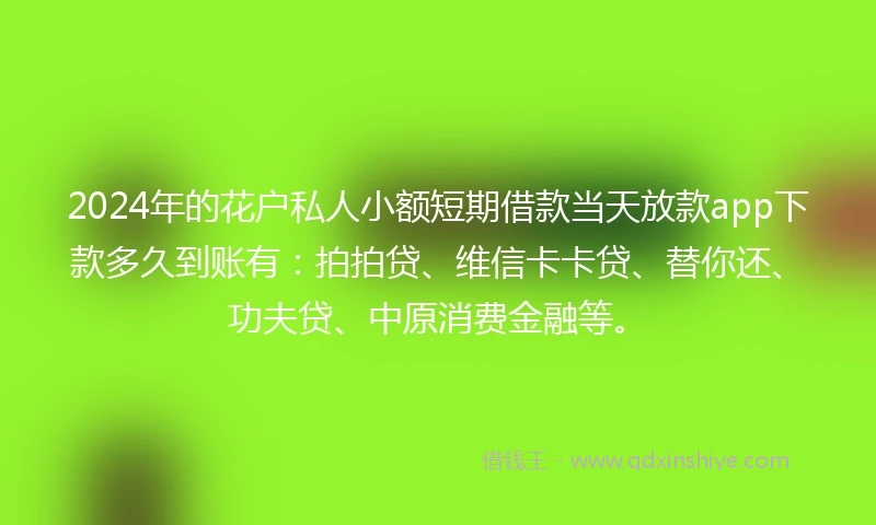 2024年的花户私人小额短期借款当天放款app下款多久到账有：拍拍贷、维信卡卡贷、替你还、功夫贷、中原消费金融等。
