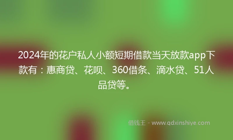 2024年的花户私人小额短期借款当天放款app下款有：惠商贷、花呗、360借条、滴水贷、51人品贷等。